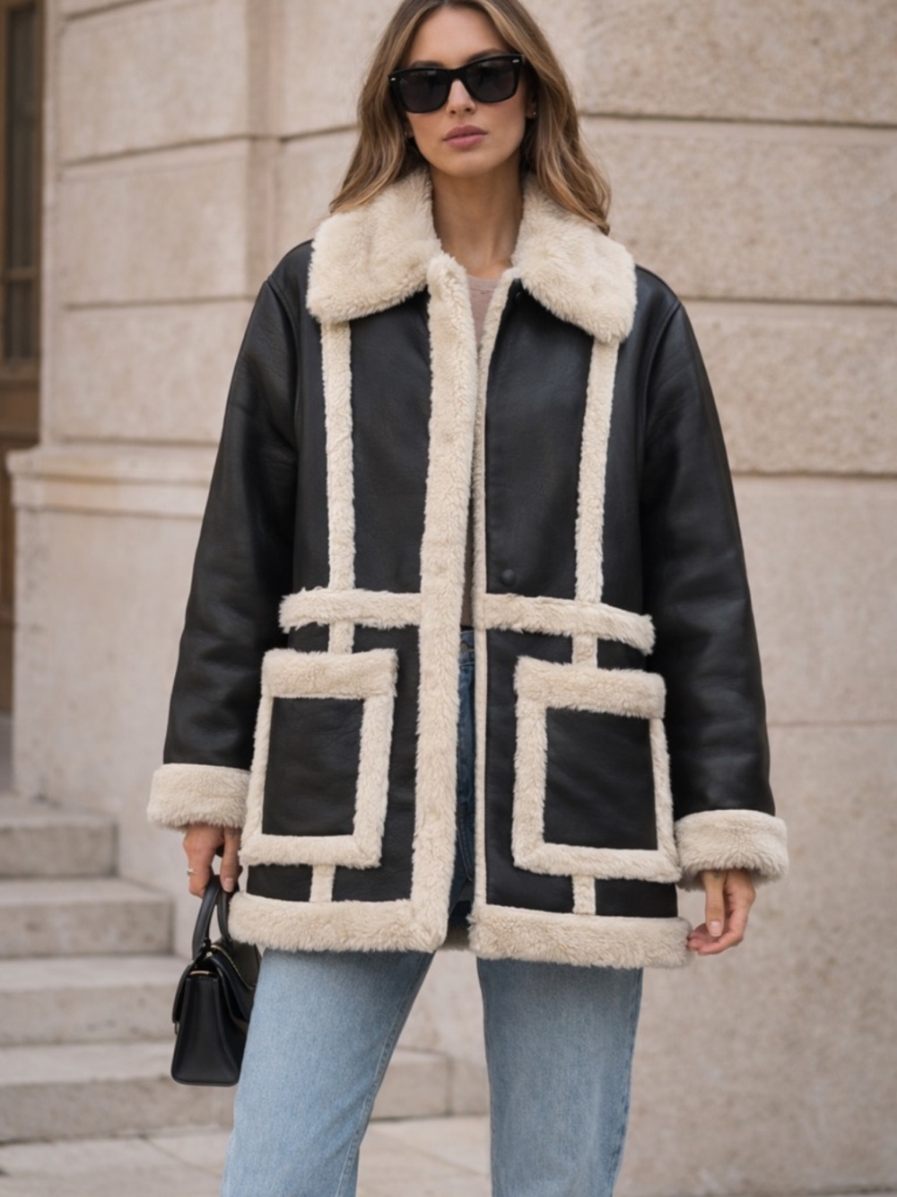 Abercrombie & Fitch Black Vegan Leather Teddy Jacket with Cream Trim 🖤🤍